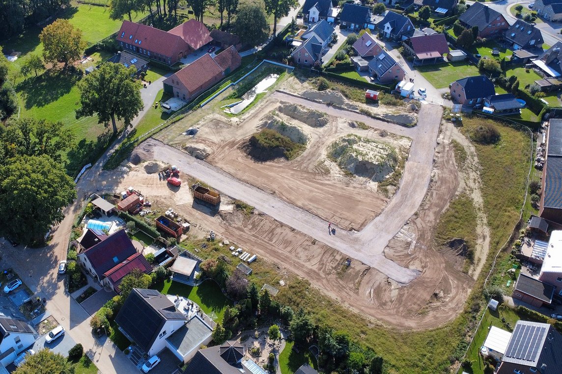 Dieses Luftbild zeigt das Neubaugebiet Kornkamp in Merfeld