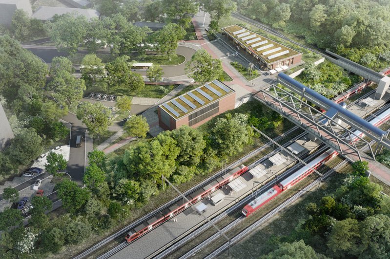 Dieses Grafik zeigt das Bahnhofsareal mit der Fußgänger- und Radfahrerbrücke. 
