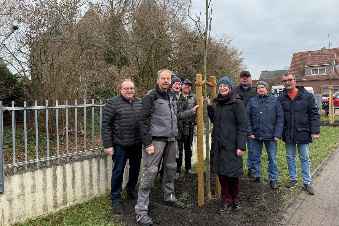 Klimaschutzmanagerin Carolin Dietrich und das Leitungsteam der Kolpingsfamilie Hiddingsel freuen sich über die drei neuen Amberbäume an der Hiddostraße. Foto: Stadt Dülmen/Kannacher